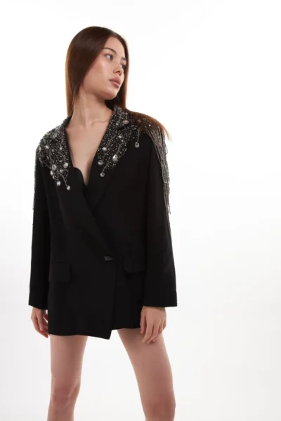 Midnight Crystal-Embellished Fringe Blazer