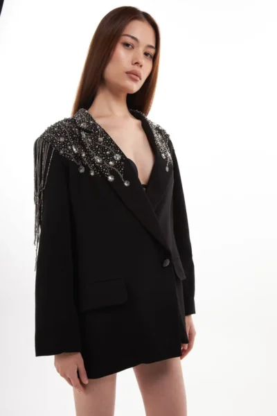 Midnight Crystal-Embellished Fringe Blazer
