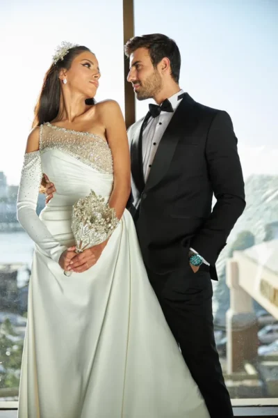 One-Shoulder Embellished Satin Bridal Gown