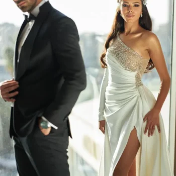 The Royal Wedding Ensemble: Embellished One-Shoulder Gown & Classic Tuxedo