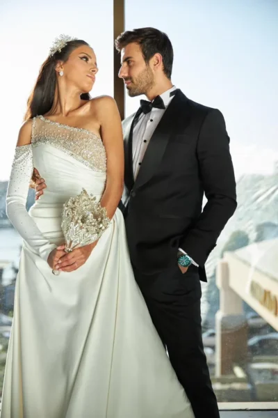 One-Shoulder Embellished Satin Bridal Gown