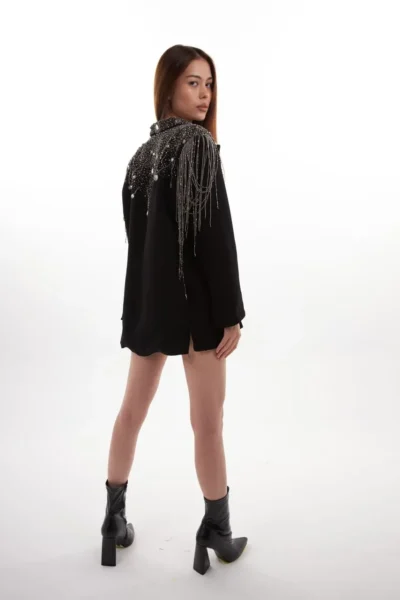 Midnight Crystal-Embellished Fringe Blazer