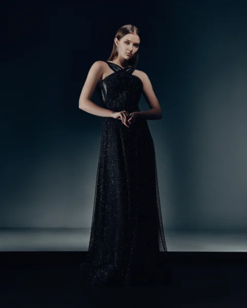 Criss-Cross Halter Sequin Ball Gown
