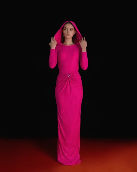 Hot Pink Embellished Hooded Gown