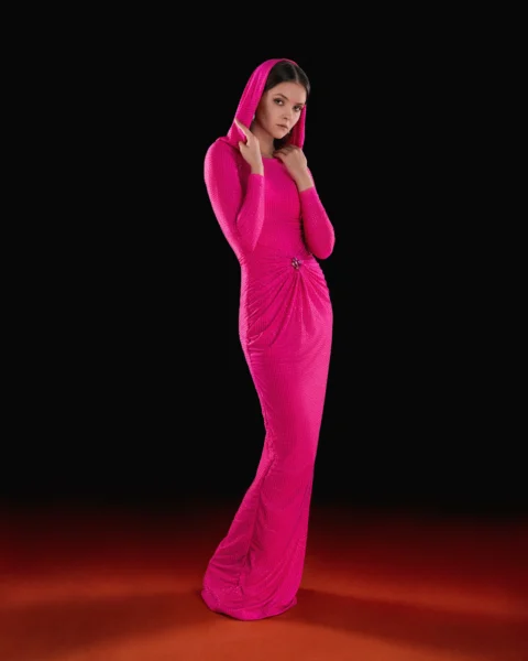 Hot Pink Embellished Hooded Gown