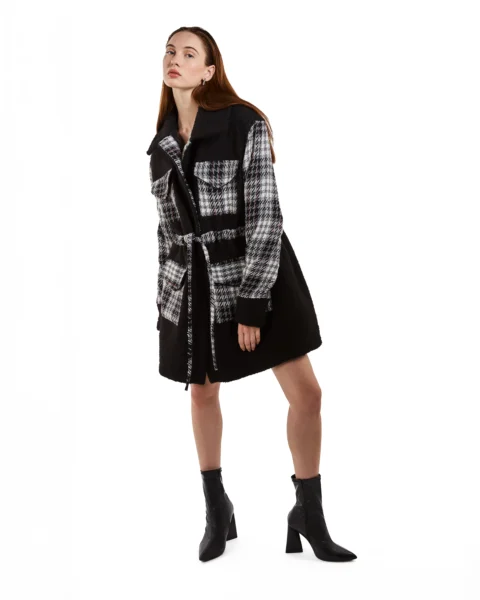 Tweed & Bouclé Paneled Belted Coat
