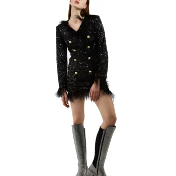 Midnight Sequin Feather-Trimmed Mini Dress