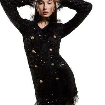 Midnight Sequin Feather-Trimmed Mini Dress