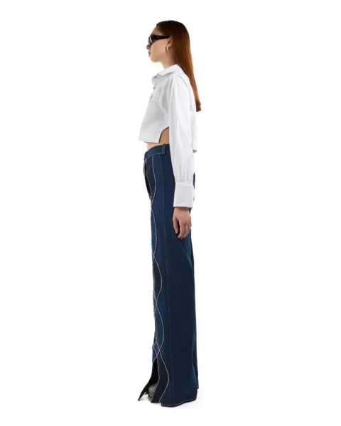 Crystal-Trimmed Cut-Out Denim Trousers & Cropped Shirt