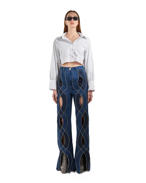 Crystal-Trimmed Cut-Out Denim Trousers & Cropped Shirt