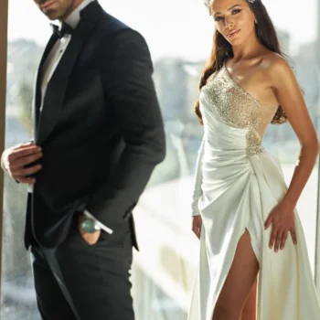 The Royal Wedding Ensemble: Embellished One-Shoulder Gown & Classic Tuxedo