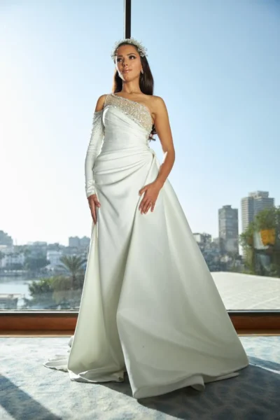 One-Shoulder Embellished Satin Bridal Gown
